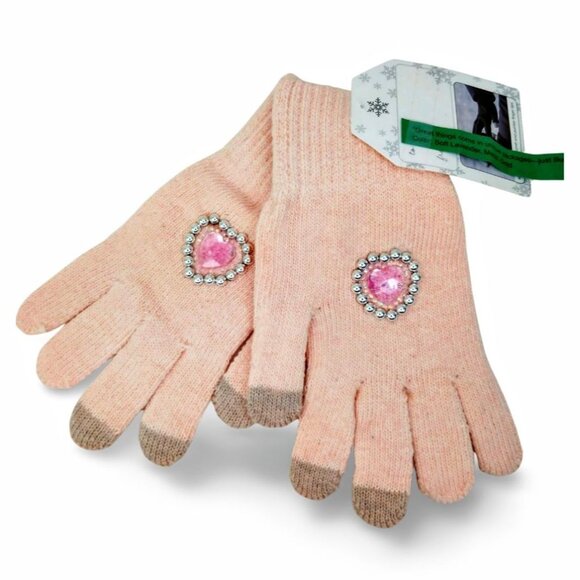 Custom Crystal Heart & Pearl Embellished Lt Pink Touchscreen Knit Gloves TT1518 - Picture 2 of 4